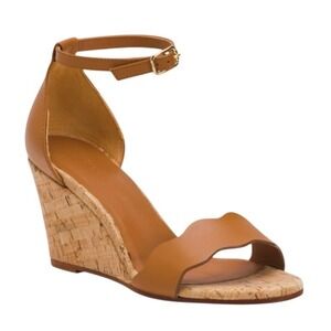 J McLaughlin Eavan Cork Wedge‎ Sandal Leather Tan Sz 9 Scalloped Made in Spain